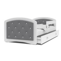 AJK meble - MEGI Tapicerowane Łóżko parterowe 1-osobowe z szufladą 200x90cm oraz z materacem | Tkanina Szary | DOSTĘPNE OD RĘKI