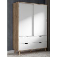 Forte - VANKKA VNKS821-C338 Szafa 140 cm z szufladami | Drzwi przesuwne Deska Dębowa/Biały